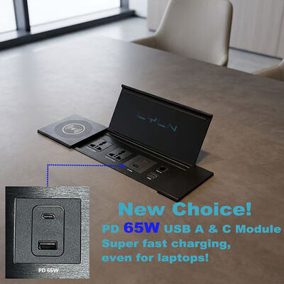 Brushed Aluminum Flip Up Cover Desktop Socket With Wireless Charger
