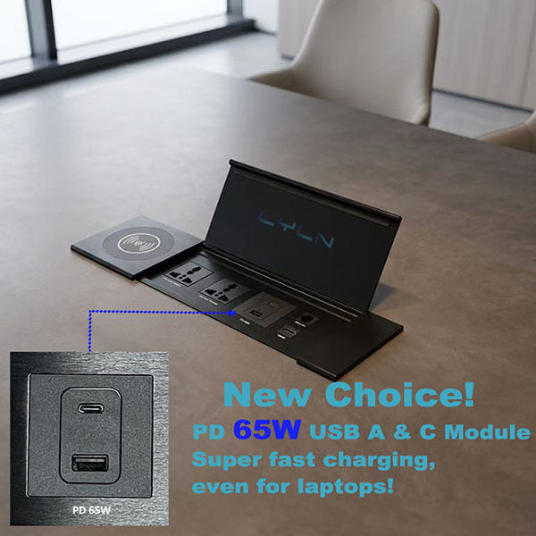 Brushed Aluminum Flip Up Cover Desktop Socket With Wireless Charger